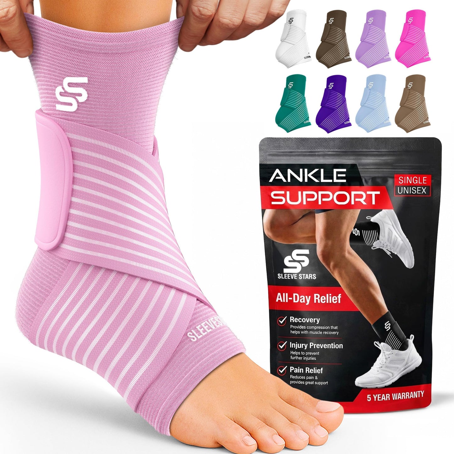 Sleeve Stars Ankle Brace for Women & Men, Ankle Wrap for Sprain, Compression Sleeve for Plantar Fasciitis Relief, Easy Customizable Support: w/ Removable Strap (Single/M:10"-12"/Black)