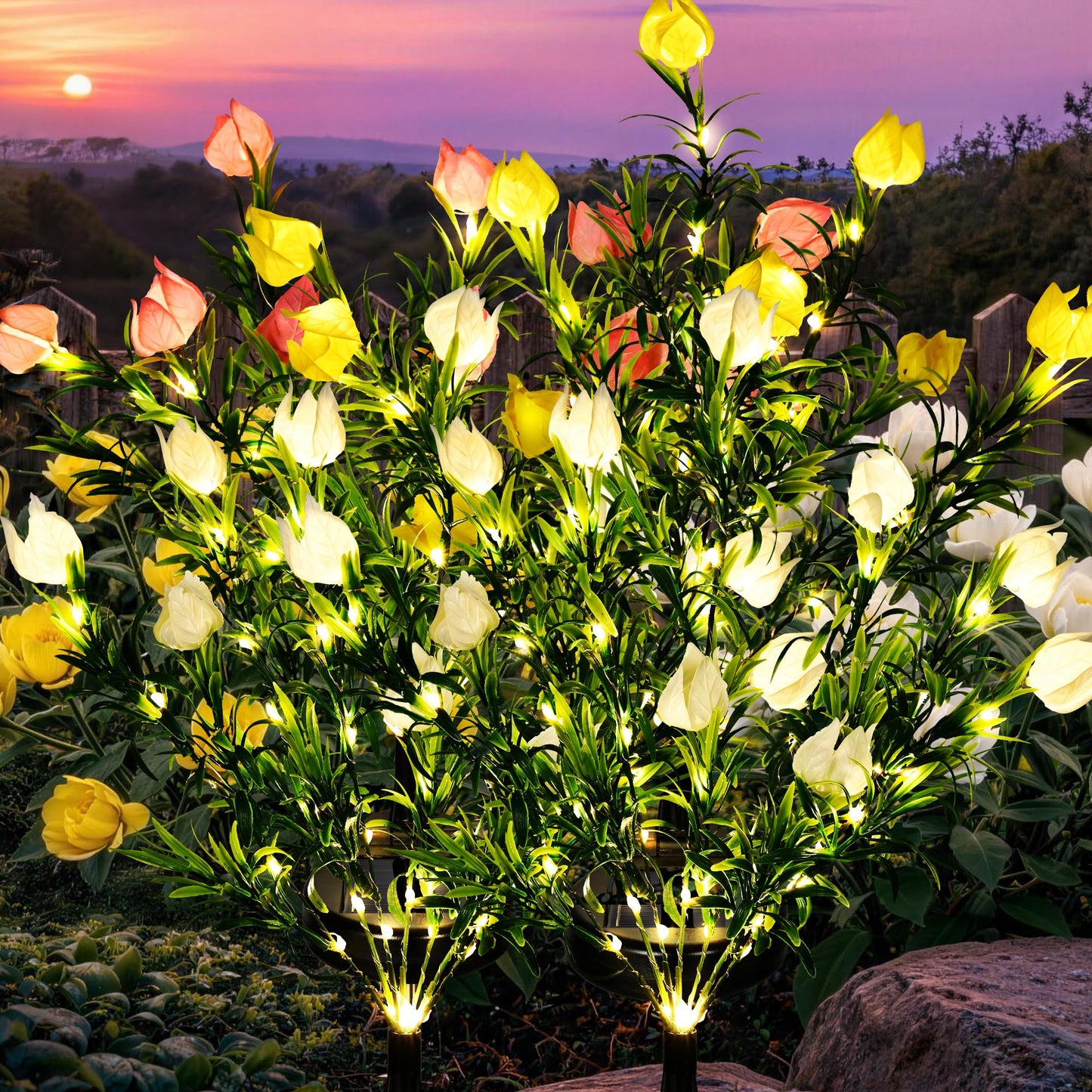GIGALUMI Solar Garden Lights with Gardenias, 2 Pack LED Garden Decor Carefree Solar Flowers Outdoor Waterproof, Yard Decorations Outdoor, Allergy-Free Light up Flowers for Yard Patio (1white+1yellow)