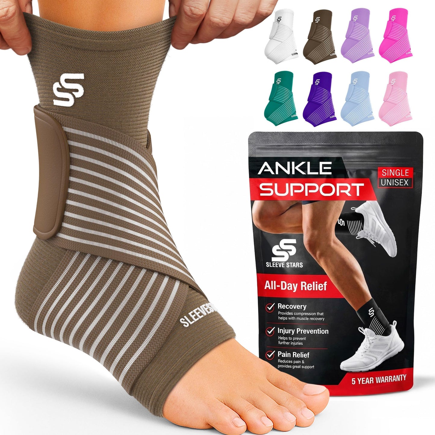 Sleeve Stars Ankle Brace for Women & Men, Ankle Wrap for Sprain, Compression Sleeve for Plantar Fasciitis Relief, Easy Customizable Support: w/ Removable Strap (Single/M:10"-12"/Black)