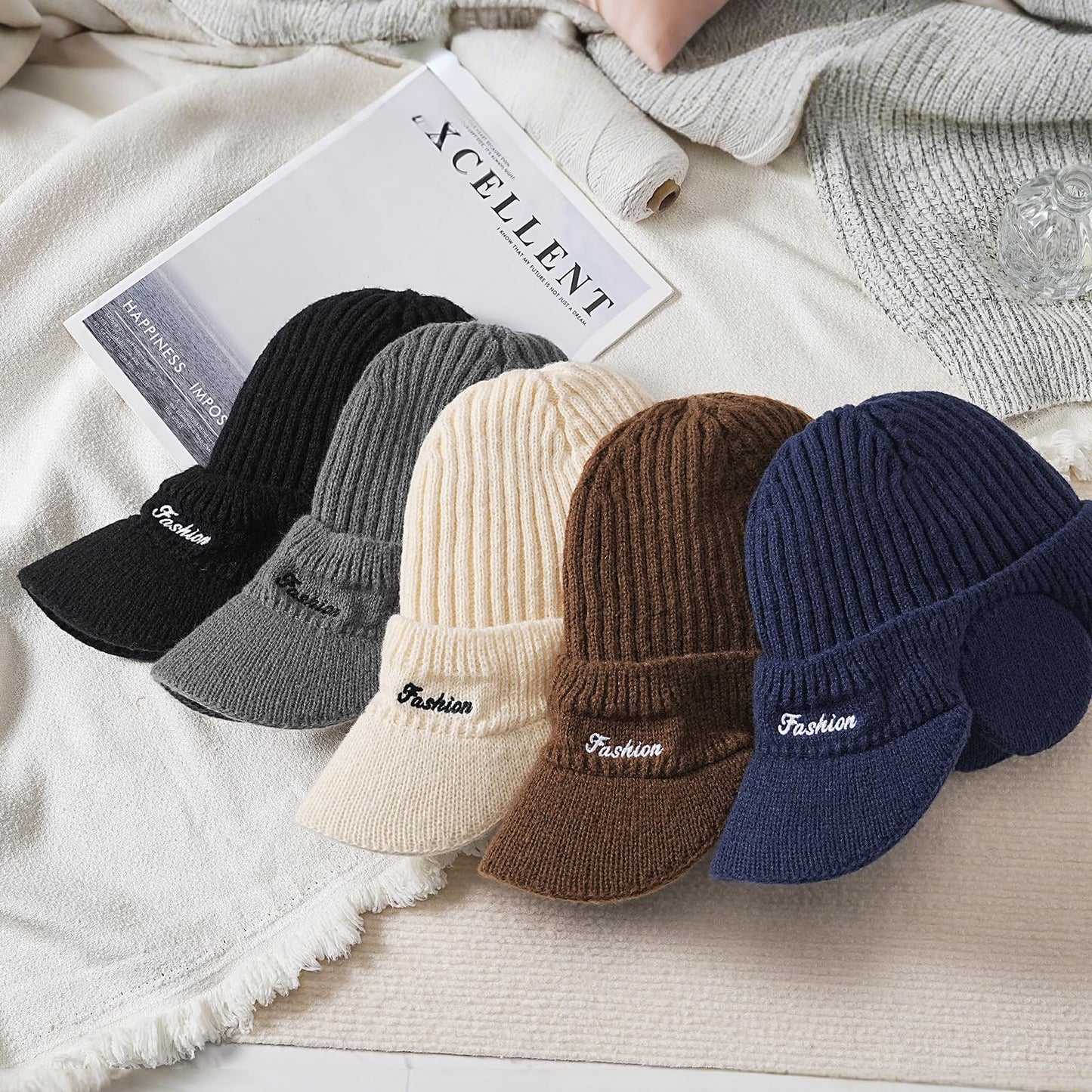 Winter Hat with Ear Flaps for Men, Beanie with Brim Hat Scarf Set, Warm Fleece Lined Skull Cap Neck Warmer for Women